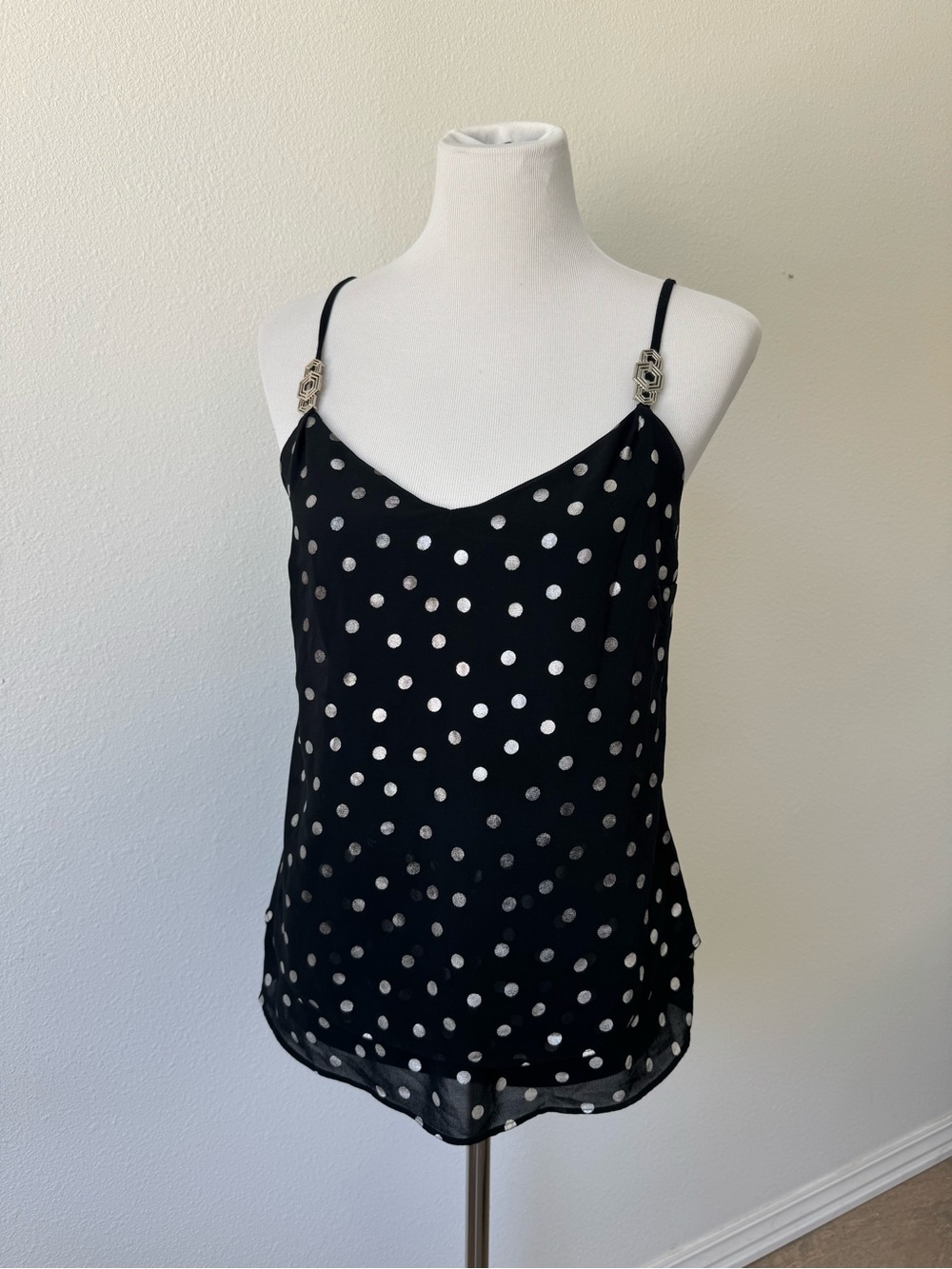White House Black Market Black Polka Dot Spaghetti Strap Tank Top
